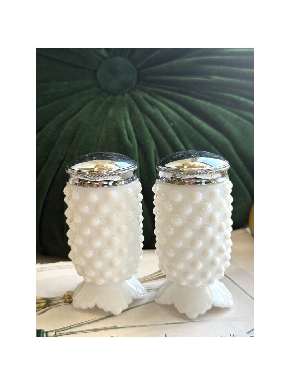 Vintage Hobnail Milk Glass Salt & Pepper Shakers — Footed Set of 2